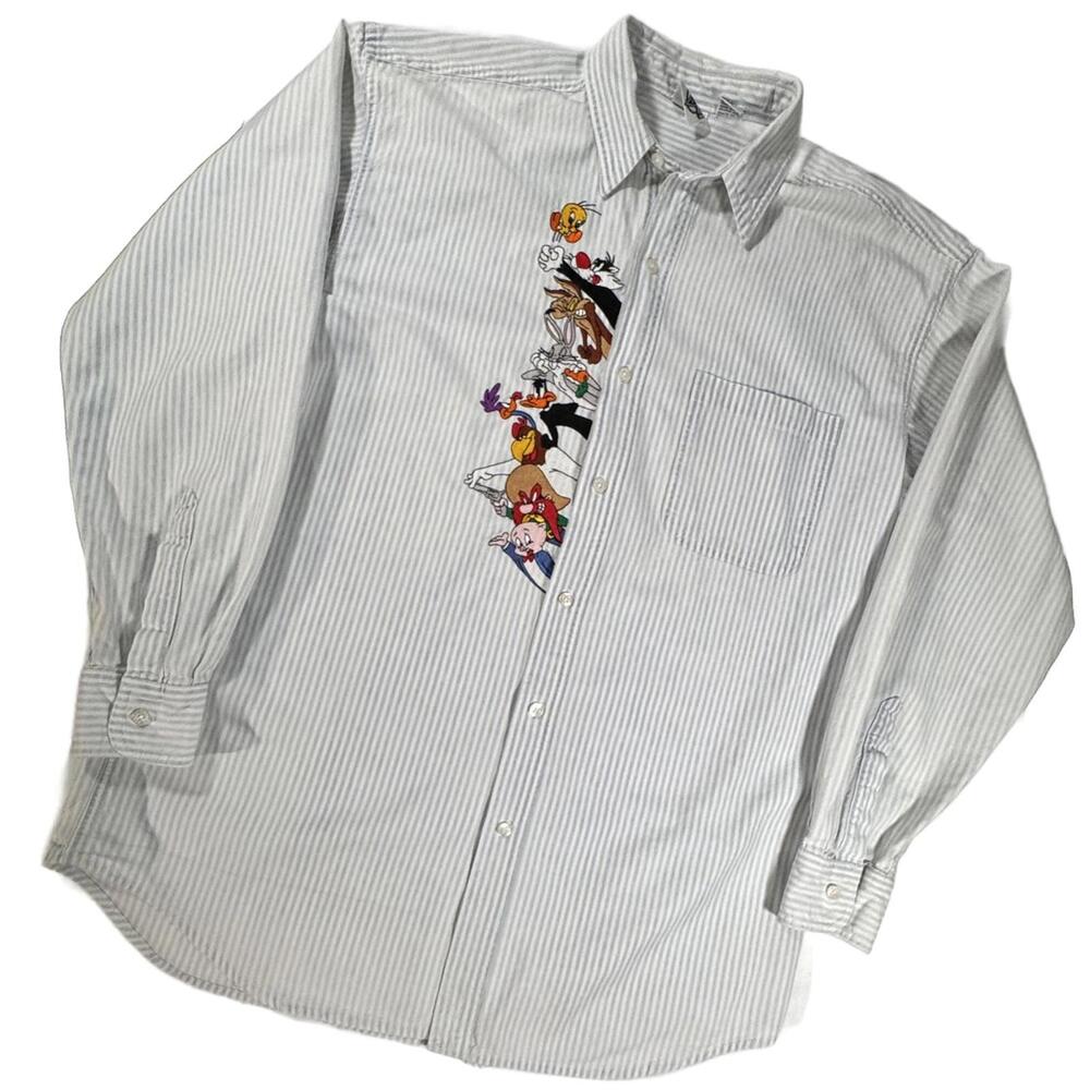 Looney Tunes Shirt Women's Large VTG 8 Embroidered Characters Denim White Stripe